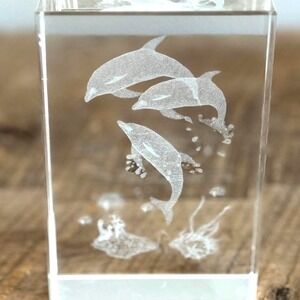 3D Etched Dolphin Glass Paperweight Clear Coastal Decor